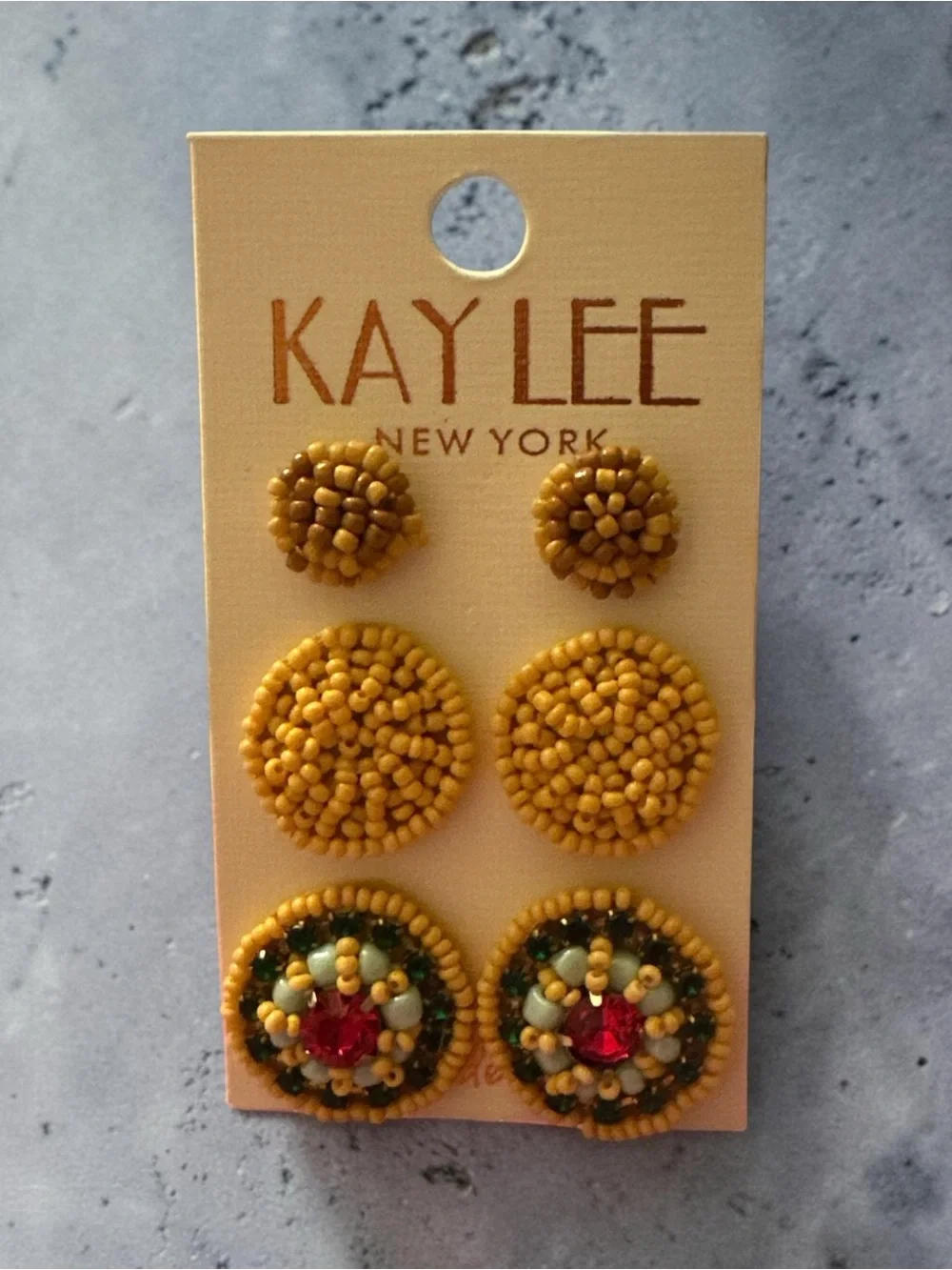 Kay Lee New York Beaded Stud Earrings Set of 3 Mustard Floral